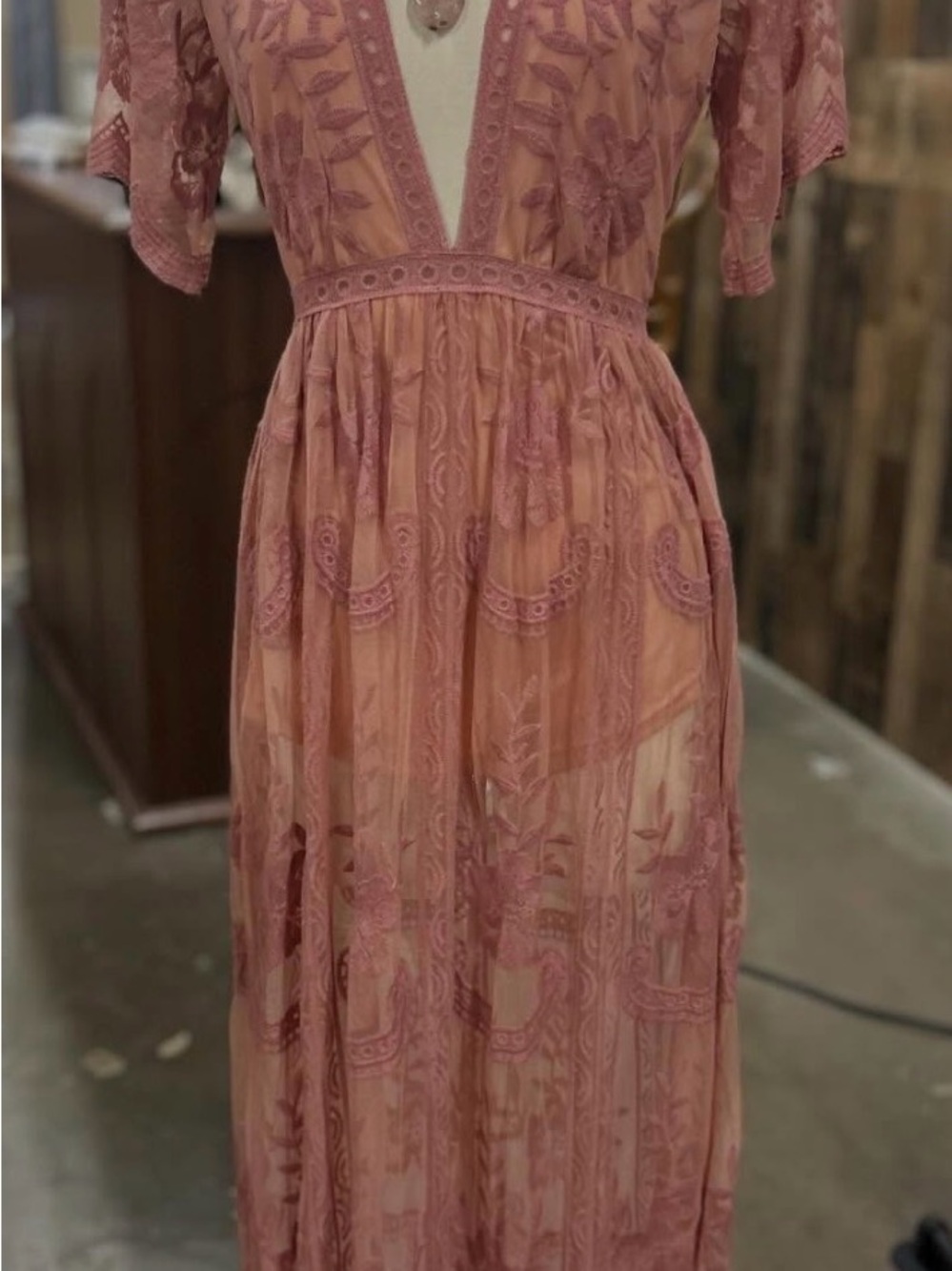 Sheer Lace Maxi Dress in Dusty Rose